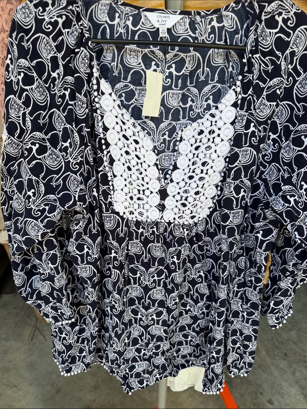 crown & ivy Navy Tunic with White Elephant Print and Crochet Bib
